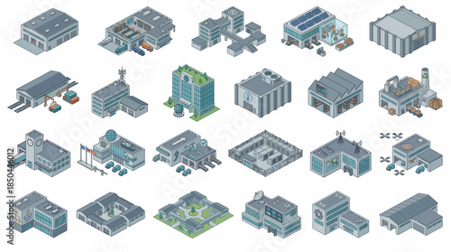 Vector Icons Set of Isometric Industrial Buildings and Factories Collection. EPS Editable