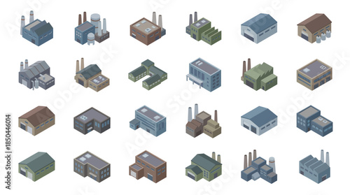Vector Icons Set of Isometric Industrial Buildings Collection Vector Set. EPS Editable