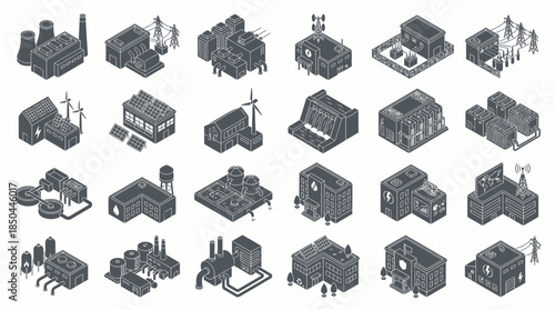 Vector Icons Set of Isometric Industrial Buildings Collection for Game Development and Design. EPS Editable