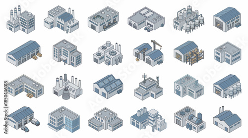 Vector Icons Set of Isometric Industrial Buildings Set Factories Plants and Warehouses for Manufacturing and Production. EPS Editable