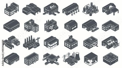 Vector Icons Set of Isometric Industrial Buildings Set Factories Warehouses and Power Plants. EPS Editable