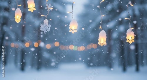 Magical Winter Forest Path Illuminated by Warm String Lights and Falling Snow.
