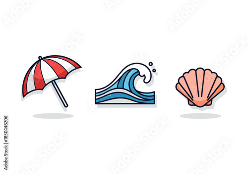 Beach and Ocean Icons Set with Umbrella, Sea Wave, and Seashell Illustration