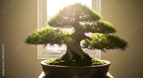 Sunlit Bonsai Tree in a Pot on a Table.