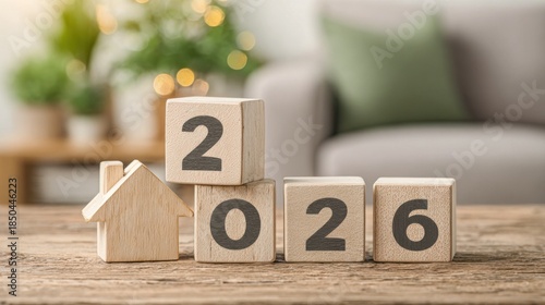 2026 year wooden blocks with house model representing real estate property investment and home planning concept in cozy interior background with natural green plants.