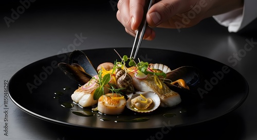 Chef plating gourmet Mediterranean seafood dish with scallops, mussels, and fish fillet on a black plate