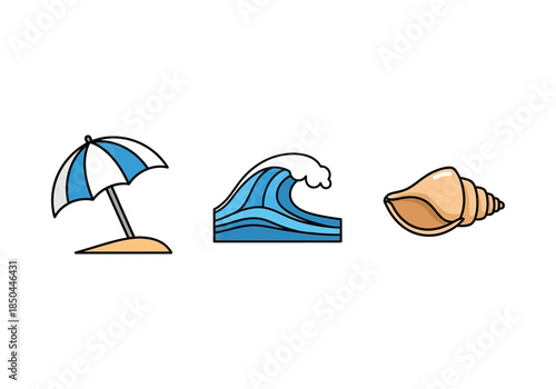Summer Beach Icons Set Featuring Umbrella, Ocean Wave, and Seashell Illustration
