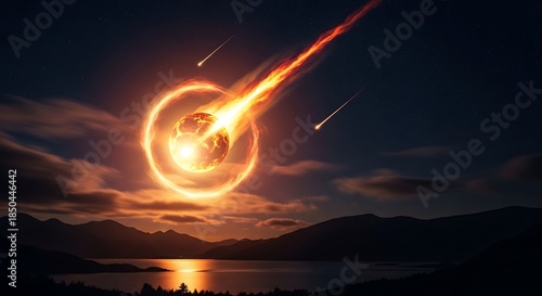 Fiery Meteor Shower Illuminates Night Sky Over Serene Landscape.