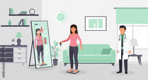 Woman on scale with doctor nearby.