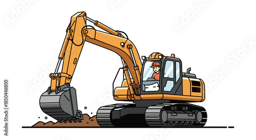 Cartoon illustration of an excavator operator driving a large yellow digger, actively scooping up dirt at a construction site in a simple style.