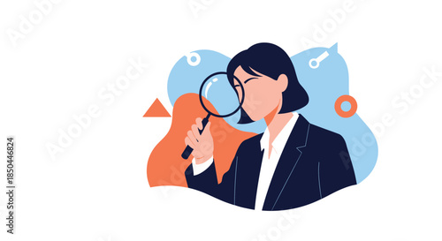 Professional business woman in a dark suit analyzing information with a magnifying glass in a flat vector illustration style.