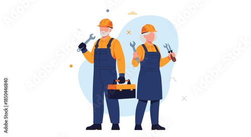 An elderly couple of senior technicians in work overalls and hard hats holding wrenches and a toolbox on a white background.