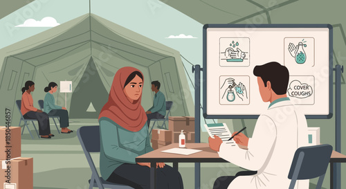 Doctor Consulting Patient in Medical Tent.