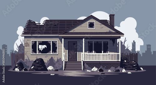 Pixel art illustration of a desolate and abandoned house with a broken roof and windows in a monochrome, gloomy cityscape.