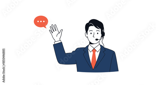 Male customer service representative in a business suit and headset waving with a friendly expression and a red speech bubble.