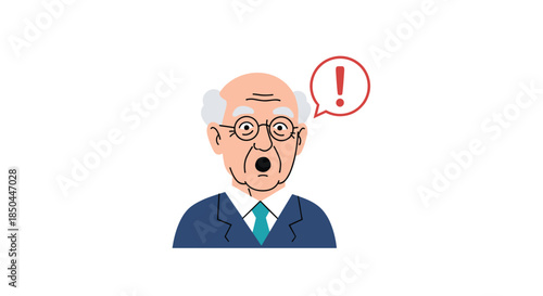 A cartoon illustration of a surprised elderly man with wide eyes and glasses, with an exclamation mark in a speech bubble.