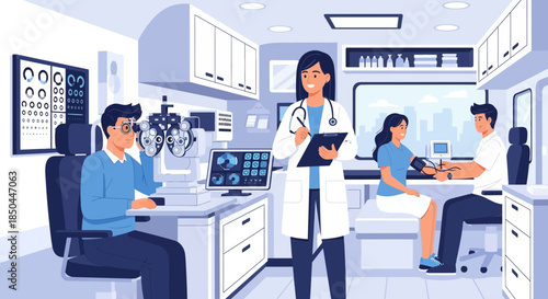 Female Doctor with Patients in Medical Office.