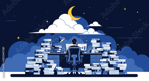 A tired office worker sitting at a desk piled high with paperwork, working late into the night under a crescent moon design.