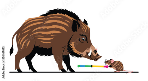 A funny illustration of a tiny mouse bravely confronting a large wild boar, representing a David and Goliath type of concept.