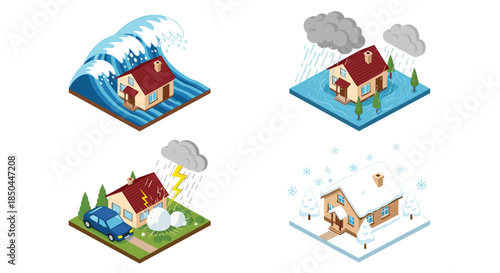 An isometric vector set of four different natural disasters affecting a suburban house: tsunami, flood, storm, and snowfall.
