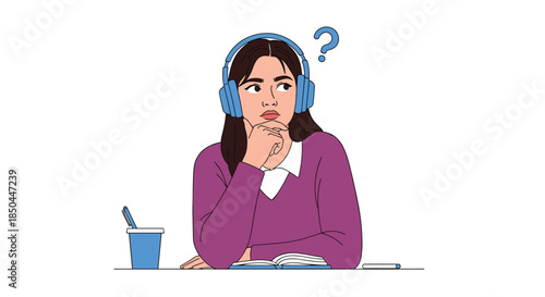 A thoughtful young woman wearing headphones and listening to music or a podcast while studying, with a question mark overhead.