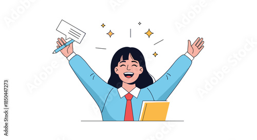 A joyful businesswoman celebrates a success or achievement with her arms raised high, holding a document and pen with sparkles.