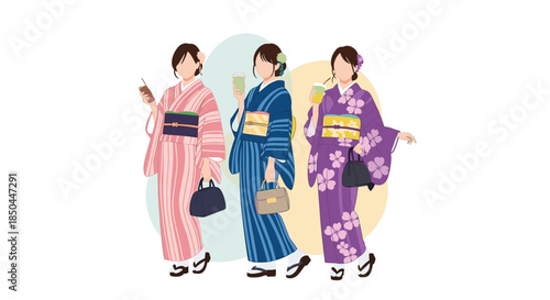 Three young Japanese women dressed in beautiful, colorful traditional kimonos or yukatas for a summer festival or celebration.