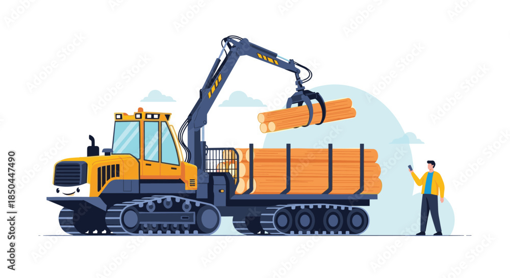 Obraz premium A cartoon forwarder, a type of logging vehicle, with a cute face loading timber while a man supervises using a smartphone.