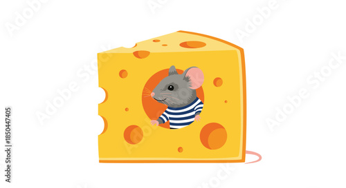 A cute cartoon mouse character wearing a striped sailor shirt, peeking out from a hole in a large wedge of yellow cheese.