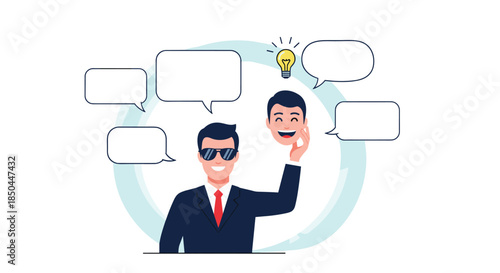 A businessman in sunglasses hides his true self behind a smiling mask, while having a bright idea and multiple speech bubbles.