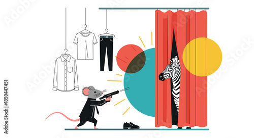 A surreal and absurd illustration of a mouse in a suit aiming a gun at a zebra hiding behind a fitting room curtain in a shop.