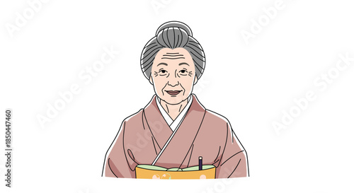 A hand-drawn illustration portrait of a gentle and smiling elderly Japanese woman wearing a traditional pink and yellow kimono.