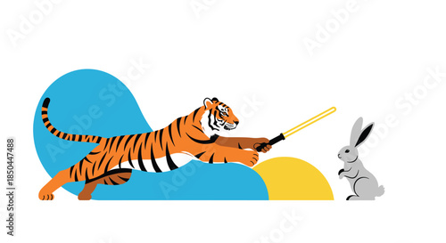 A whimsical and abstract illustration of a leaping tiger from the Chinese zodiac, fighting a rabbit with a glowing yellow sword.