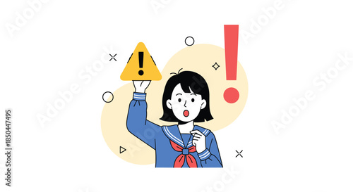 A surprised Japanese schoolgirl in a sailor uniform holds up a yellow triangular warning sign, with a large exclamation mark.