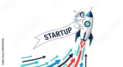 An astronaut riding a launching rocket with a 'STARTUP' banner, flying over upward-pointing arrows to symbolize business growth.
