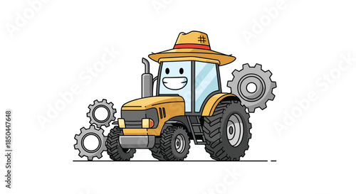 A friendly yellow cartoon tractor character with a smiling face and a straw hat, surrounded by floating mechanical gears design.