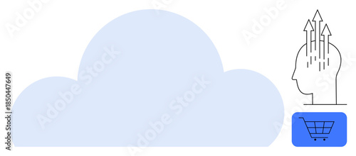 Cloud computing concept. Cloud shapes data storage while a human profile with arrows conveys innovation. Includes e-commerce shopping cart icon. For technology, e-commerce, data integration, AI