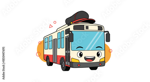 A cute and happy cartoon bus character with big eyes, a smile, and a driver's cap, ready for a fun city adventure.