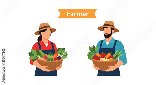 A friendly male and female farmer duo, each holding a large bowl filled with a variety of fresh and healthy harvested vegetables.