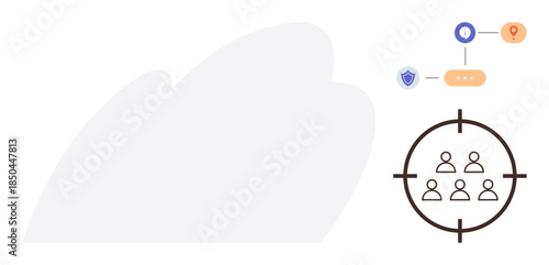 Network connections, target icon with a group figure, data flow, security badge, location marker. Ideal for audience segmentation, data analysis, online security, user targeting marketing