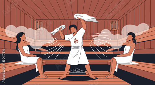 A male sauna master performs an Aufguss ritual with towels for two relaxed women in a traditional wooden steam room at a spa.