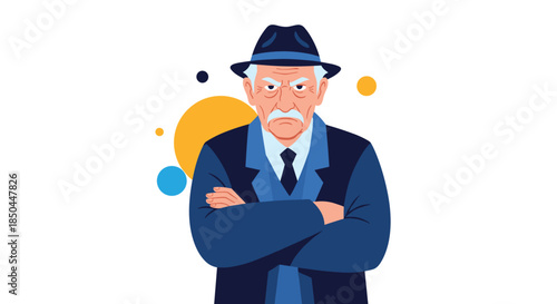 An angry and serious-looking elderly man in a suit and fedora hat, standing with his arms crossed like a classic movie gangster.