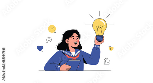 A creative Japanese schoolgirl in a sailor uniform holds up a large, glowing lightbulb, symbolizing a brilliant new idea.