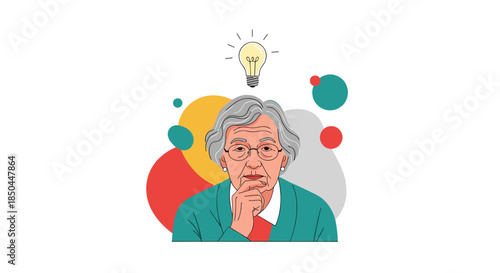 A wise elderly woman with glasses is deep in thought, and a glowing lightbulb appears above her head, symbolizing a great idea.