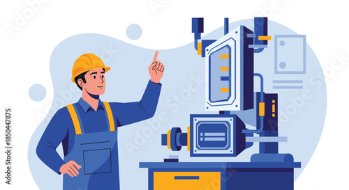 A smiling factory worker in a hard hat and overalls is operating a complex piece of modern industrial machinery with confidence.