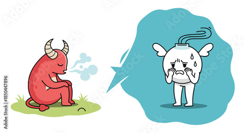 A cartoon concept where a red monster's angry breath transforms into a terrified, sweating bomb character with angel wings.