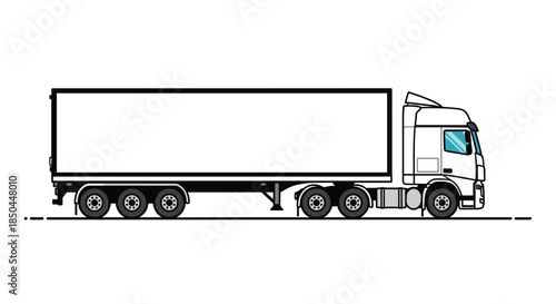 A clean, minimalist line art illustration of a large white semi-trailer truck, with a blank trailer perfect for adding logos.