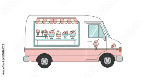 Charming pink and white ice cream truck with a striped awning, featuring a delightful display of ice cream cones and sundaes.