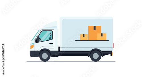 White delivery truck with cardboard boxes inside, depicted in a modern flat vector illustration style for logistics and shipping concepts.