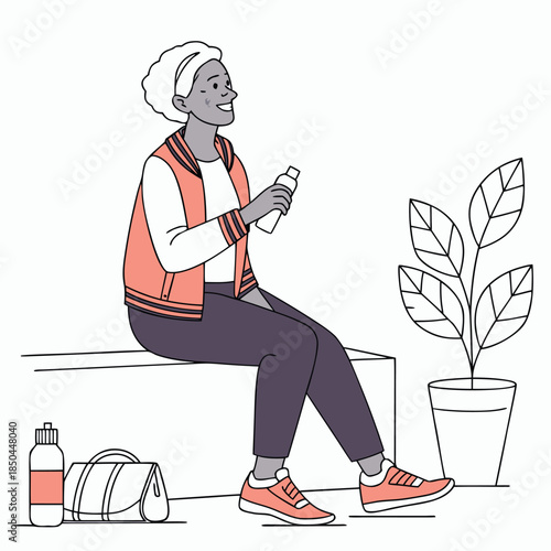 Elderly woman taking a break after exercise.